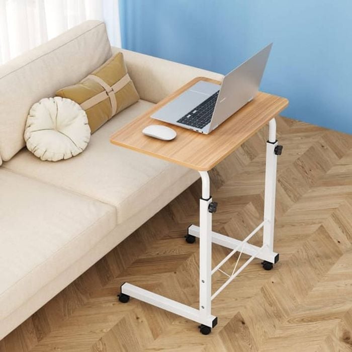 Homfurn Adjustable Side Table – 60cm, Mobile C-stand With Wheels, Height Adjustable 66-91cm, Light Wood