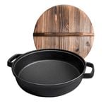 SOGA 33cm Round Cast Iron Deep Frying Pan with Wooden Lid