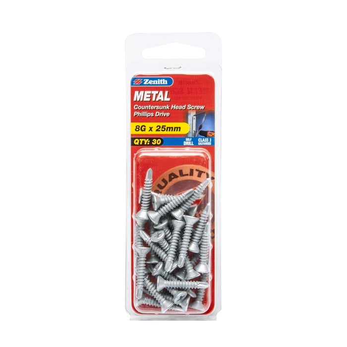 Zenith 8G x 25mm Galvanised Countersunk Head Metal Screws - 30 Pack