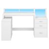 Ufurniture 151cm L-Shaped Desk with LED & Power Outlets, Gaming Desk with Shelf & Drawer White