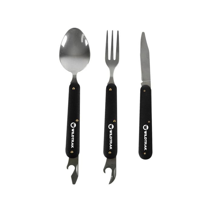 3pc Wildtrak Foldable Camping Knife/Spoon/Fork Cutlery Set w/ Bag - Black