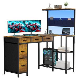 Ufurniture 120 cm L Shaped Computer Desk with Reversible Storage Bookshelf and 5 Drawers Walnut