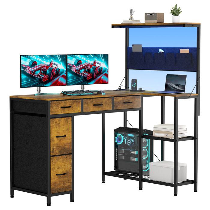 Ufurniture 120 cm L Shaped Computer Desk with Reversible Storage Bookshelf and 5 Drawers Walnut