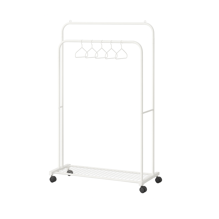 P&P White Industrial Clothes Rack with Garment Hanging and Shoe Shelf Storage