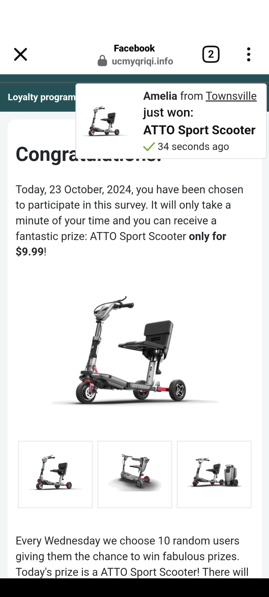 Scam warning page for ATTO Scooter