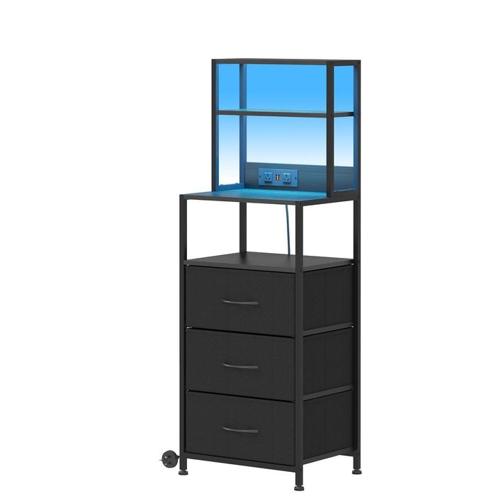 Advwin LED Bedside Table with Charging Station 3 Fabric Drawers Nightstand Black