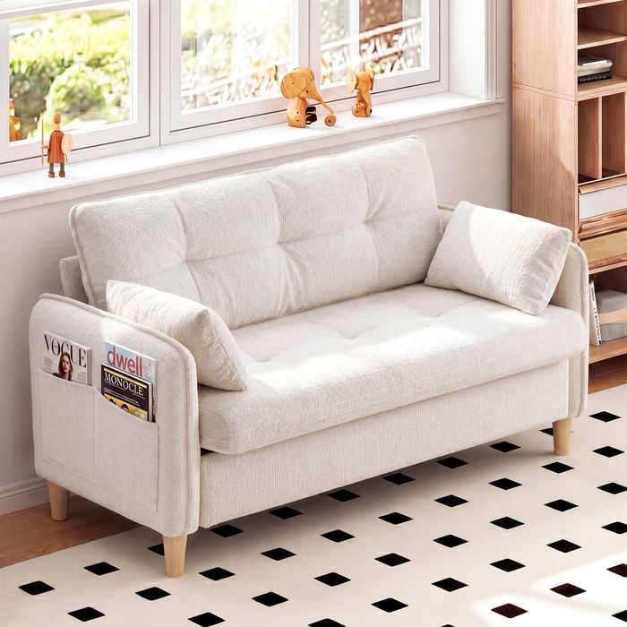 Advwin 2 Seater Sofa 127cm Chenille Tufted Upholstered Loveseat Couch Beige