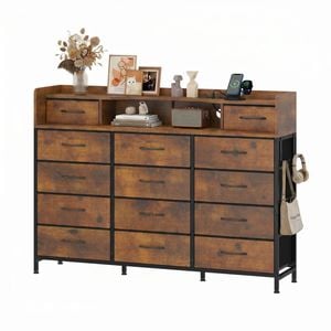 Advwin 14 Fabric Drawer Dresser with Charging Station &Hooks, Brown