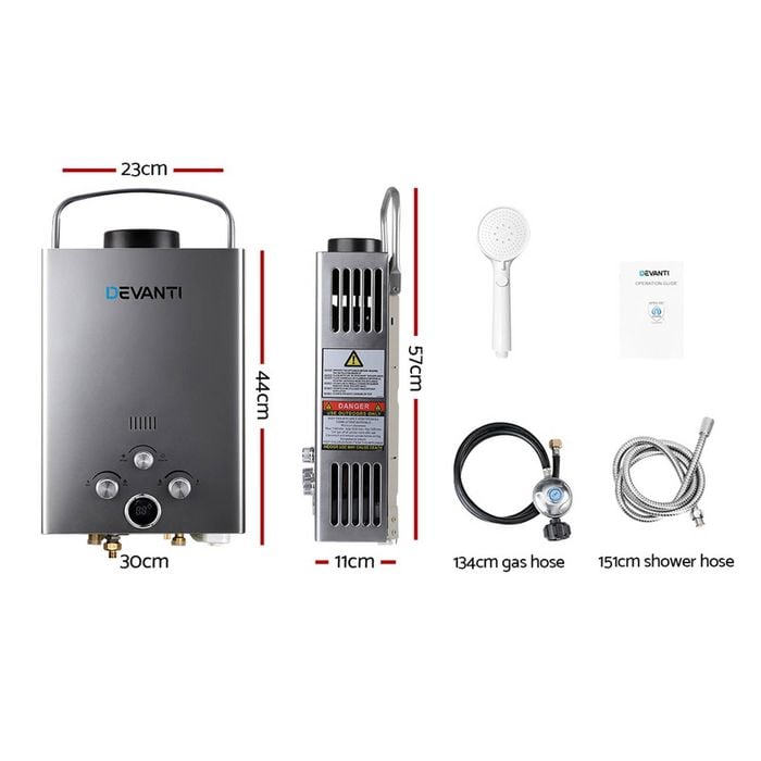 Devanti Gas Hot Water Heater Portable Shower Camping LPG Outdoor Instant Grey
