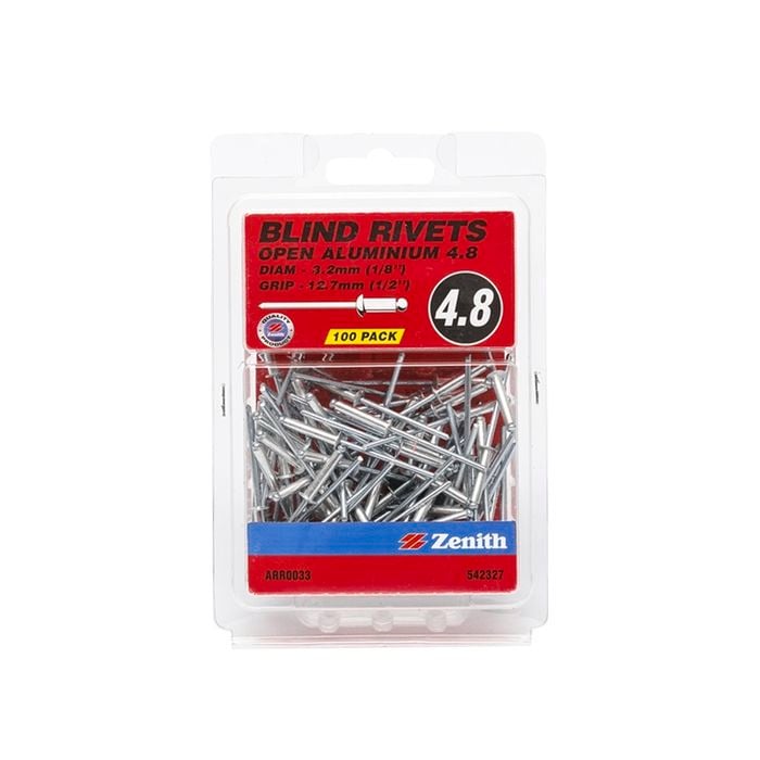 Zenith Blind Rivet Open Alum 1/8"D x 1/2"G 100pk