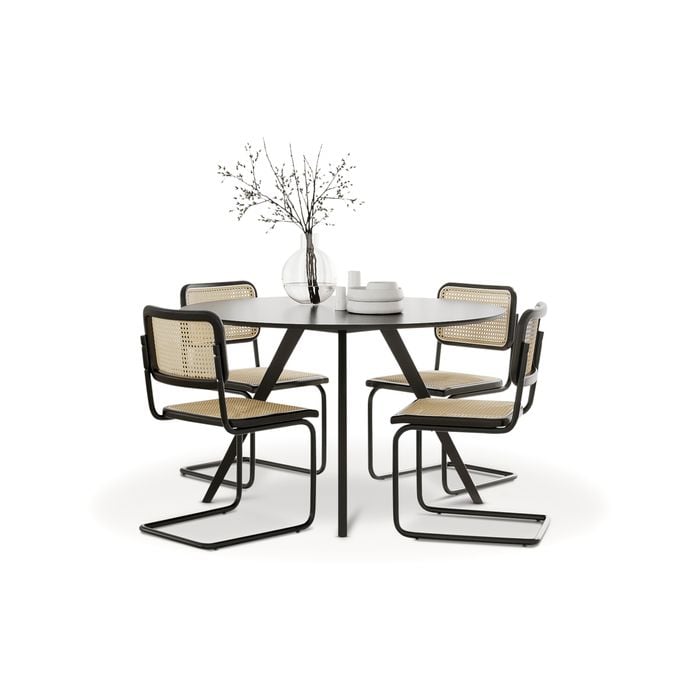 Milari 5 PCE Round 120cm Black Dining Set with Rattan Cantilever Chairs