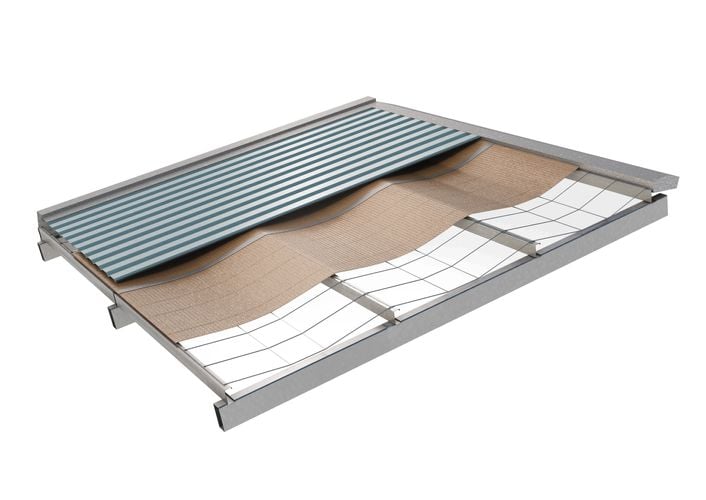 Rendering of roof showing corrugated roofing, insulation and timber frame