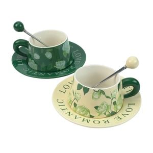 2 Set 300ml Green High-Fired Ceramic Porcelain Cup & Saucer Set with Tea Spoon Vintage Floral