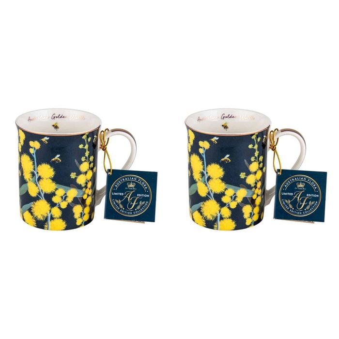 2PK Australian Flora Golden Wattle 360ml Coffee Mug New Bone China