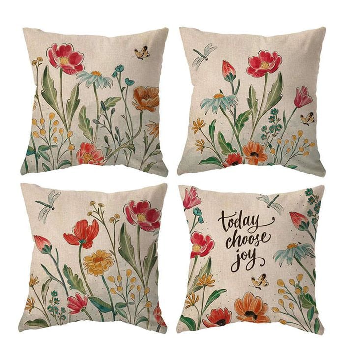 Catzon 4 Pcs Vintage Floral Pillow Covers Cotton Linen Pillowcases for Couch-J