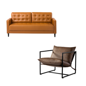 Zinus 3 Seater Leather Sofa & Aidan Sling Accent Chair Set, Cognac