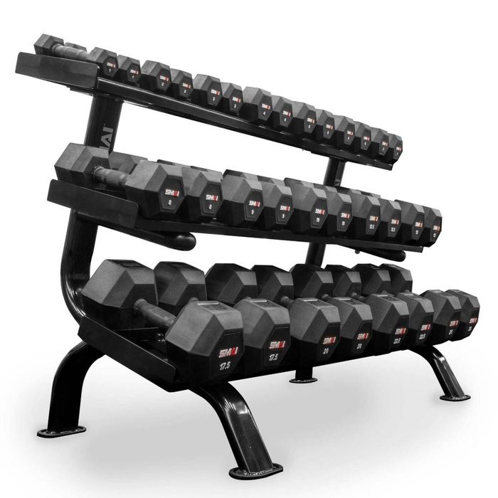 Smai Rubber Hex Dumbbell Set 1-25kg (pairs) With 3 Tier Rack Commercial Grade -