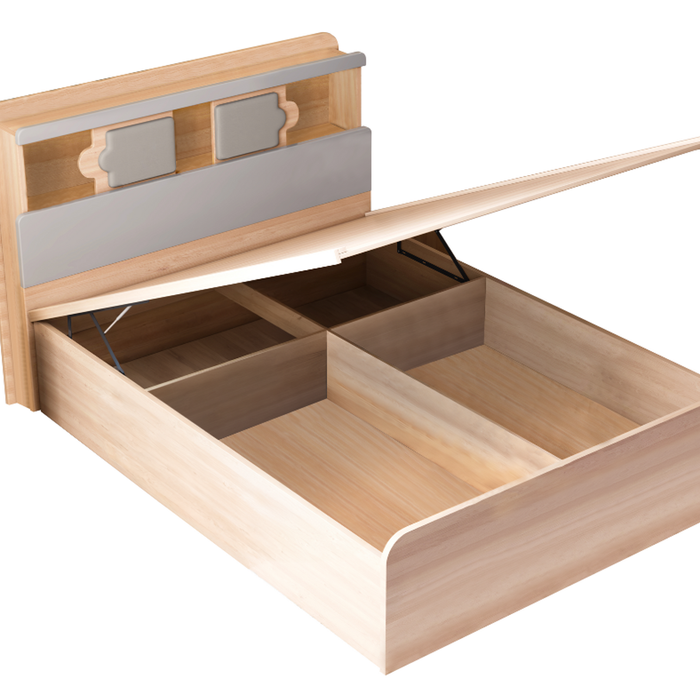 Kiama Gas Lift Bed -Queen - Headboard with Book Storage and Led lights Oak Color