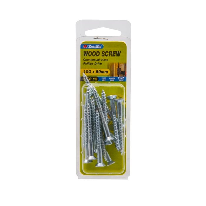 Zenith 10g x 50mm Zinc Plated Countersunk Head Wood Screws - 15 Pack