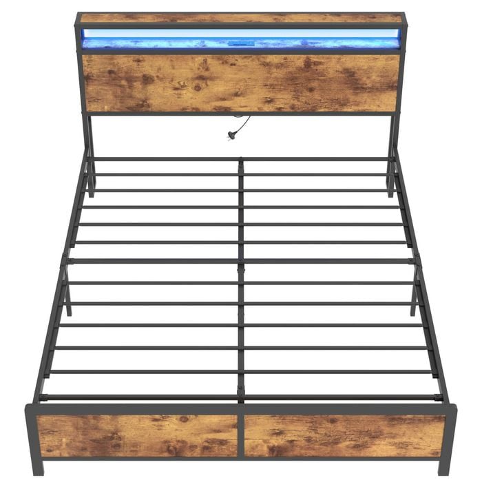 Ufurniture Bed Frame Queen Size with Charging Station and Remote RGB LED Lights Storage Headboard