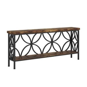 Oakory 180cm Industrial Console Table 30cm Wide Slim With 2 Shelves, Metal Accent Frame Rustic Brown & Black