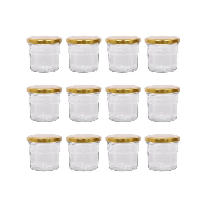 Argon Tableware 130ml Glass Jam Jars With Airtight Gold Lids - Set Of 12 Empty Screw Top Kitchen Storage Preserving Jar