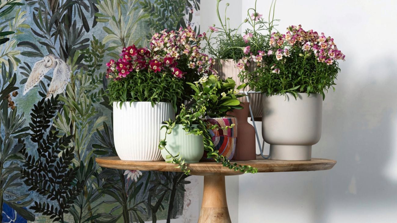 An arrangement of dark pink and light pink flowers sit atop a brown, wooden, circular table