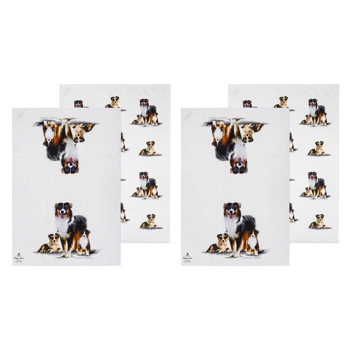 2x 2pc Ashdene Puppy Love Australian Shepherd Kitchen Tea Towel 50x70cm White