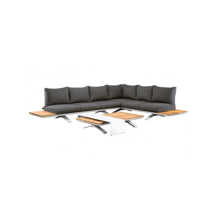 Venice Aluminium Corner Lounge With Built In Timber Side Tables White & Dark Cushion