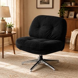 HOMFURN Black Corduroy Swivel Accent Chair, 360° Rotation with Chrome Steel Base, 100kg Capacity Living Room Chair