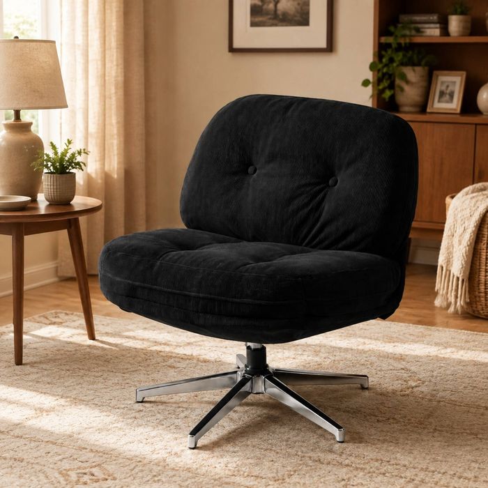 HOMFURN Black Corduroy Swivel Accent Chair, 360° Rotation with Chrome Steel Base, 100kg Capacity Living Room Chair