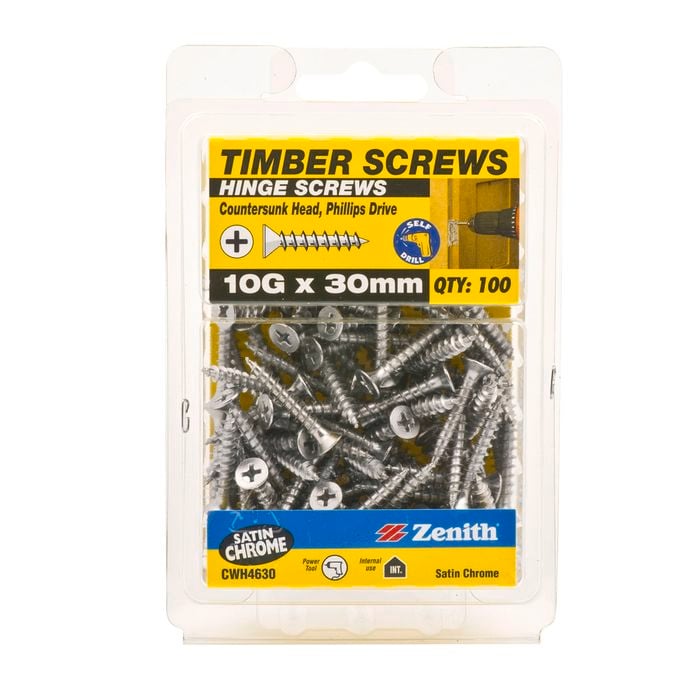 Zenith 10G x 30mm Satin Chrome Countersunk Head Hinge Timber Screw - 100 Pack