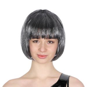 Bob Wig Costume Short Straight Fringe Cosplay Party Full Hair Womens Fancy Dress - Grey - Grey