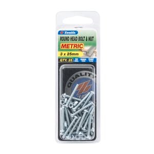 Zenith 3 x 25mm Zinc Plated Round Head Bolt And Nut - 25 Pack