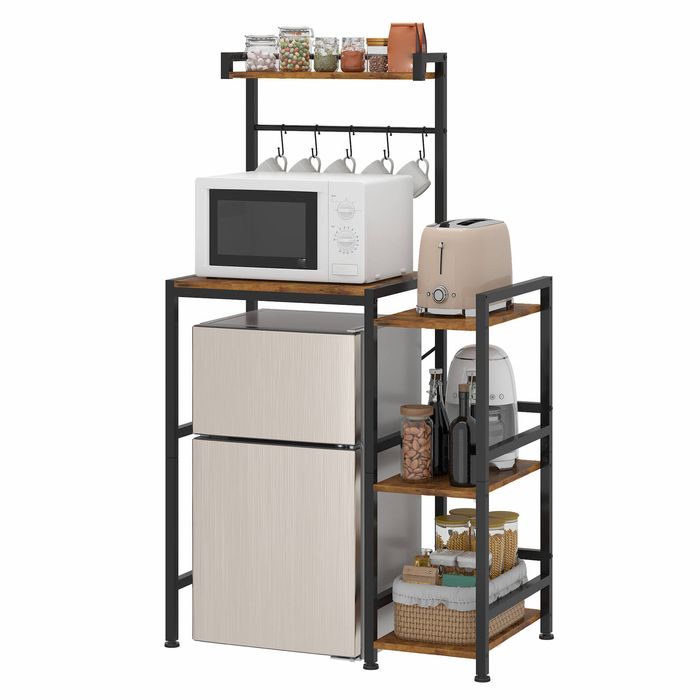 Advwin 5 Tier Mini Fridge Shelf  Bakers Rack w/ Ample Storage Space & Hooks Rustic Brown