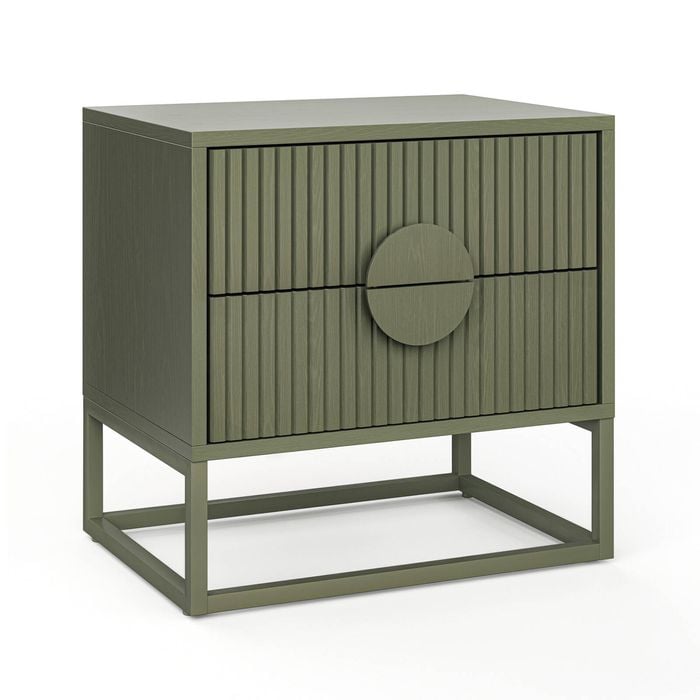 Braxton Olive Green Oak 2 Drawer Ripple Slatted Bedside Table