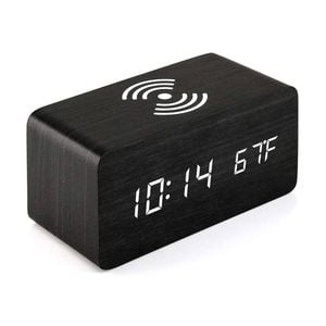 Catzon Wooden Alarm Clock with Qi Wireless Charging Pad-Black