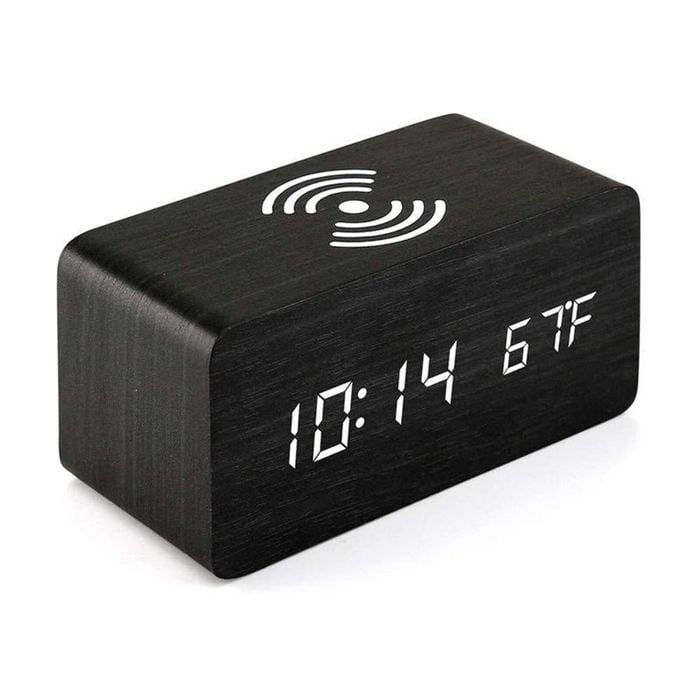 Catzon Wooden Alarm Clock with Qi Wireless Charging Pad-Black