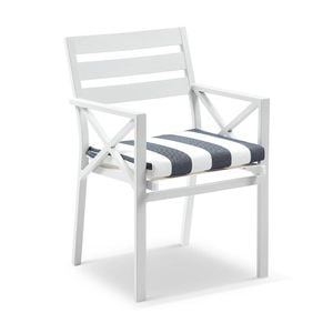 Kansas Outdoor Aluminium Dining Arm Chair White & Navy Stripe Cushions