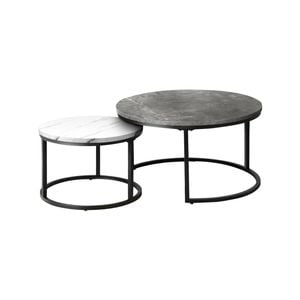 Oikiture Set of 2 Coffee Table Round Marble-like Nesting Side Tables Grey White