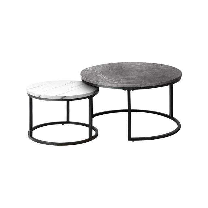 Oikiture Set of 2 Coffee Table Round Marble-like Nesting Side Tables Grey White