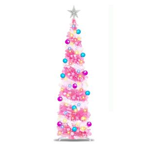 Catzon 5Ft Pop Up Christmas Tree DIY Pencil Tree with 50 Color Lights Xmas Party Decorations-Pink