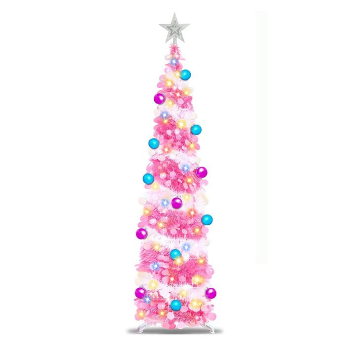 Catzon 5Ft Pop Up Christmas Tree DIY Pencil Tree with 50 Color Lights Xmas Party Decorations-Pink