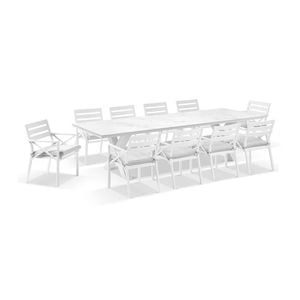 Kansas Outdoor Ceramic 3M Aluminium Dining Table with 10 Chairs Setting - with Textured Olefin Grey cushions