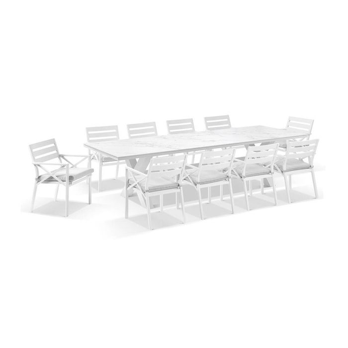 Kansas Outdoor Ceramic 3M Aluminium Dining Table with 10 Chairs Setting - with Textured Olefin Grey cushions