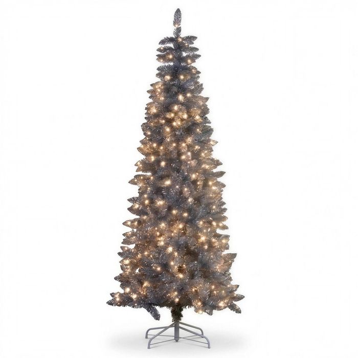 Christabelle 2.1m 7ft Silver Tinsel Christmas Tree Pre Lit Warm White LED Retro Artificial Indoor Xmas Decor Home