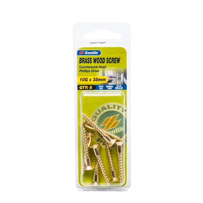 Zenith 10G x 38mm Solid Brass Wood Screws - 8 Pack