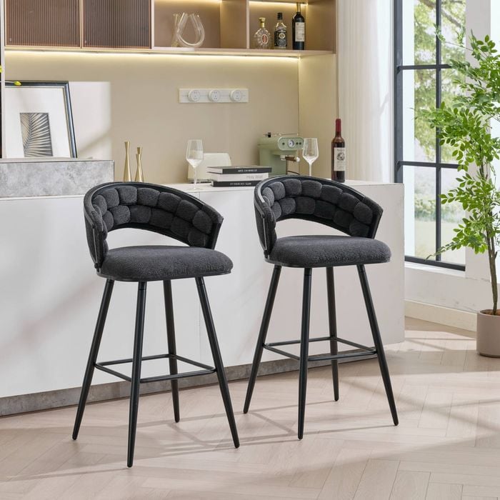 Homfurn Bar Stools Set Of 2, Velvet Bar Chair With Curved Open Back & Footrest, Modern Barstool For Kitchen Island (Dark Blue)