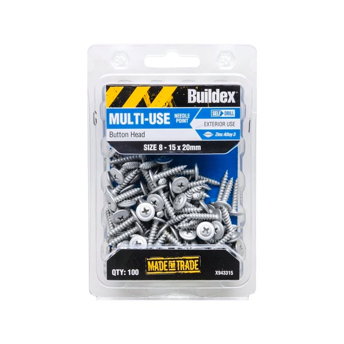 Buildex 8 - 15 x 20mm Button Head Needle Point Screws - 100 Pack