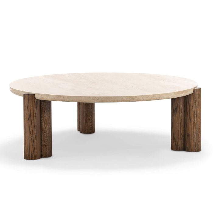 Amaya 110cm Round Travertine Coffee Table in Cream and Brown Oak